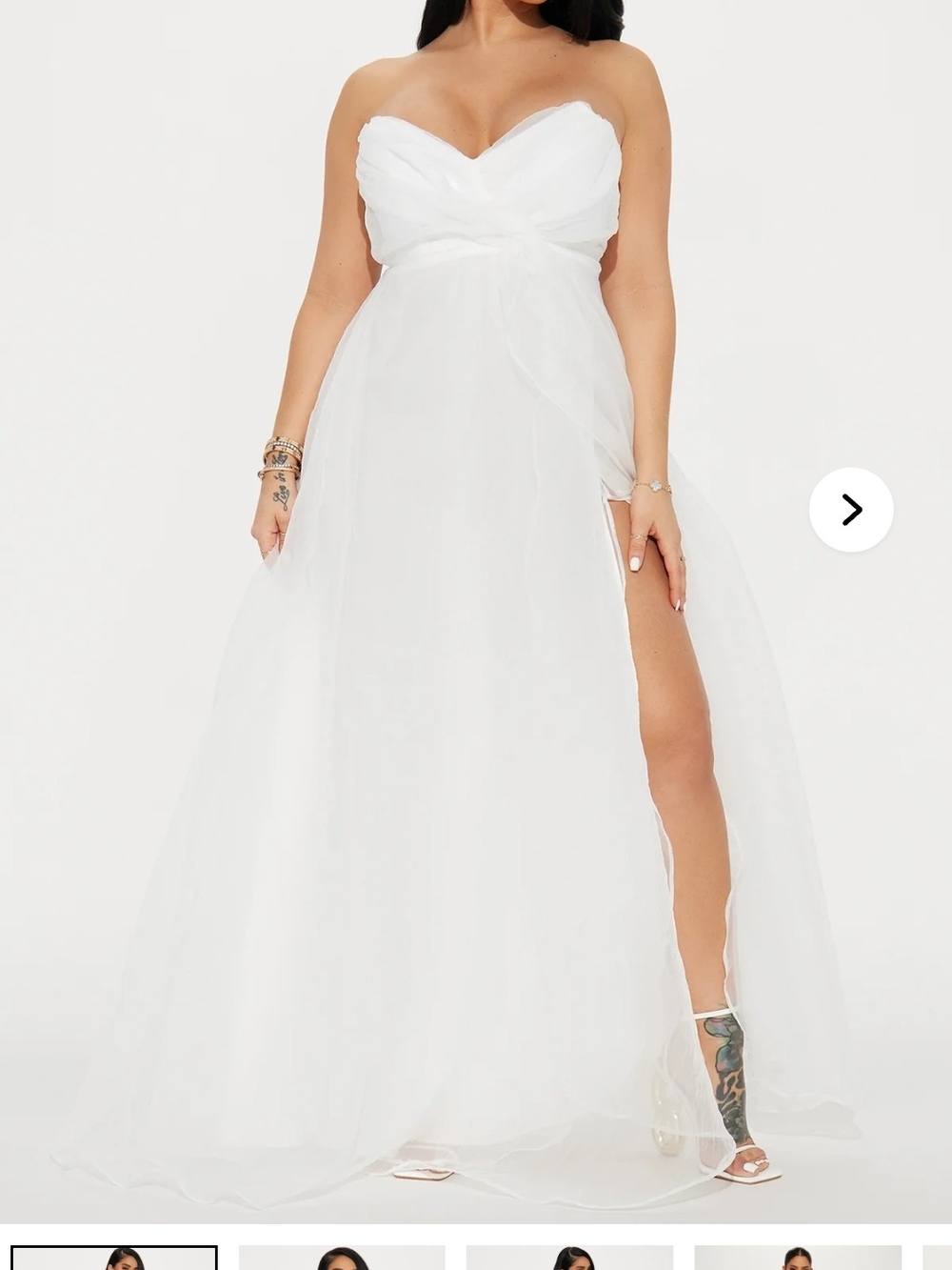 Fashion Nova White Strapless Sweetheart Maxi Gown with High Slit